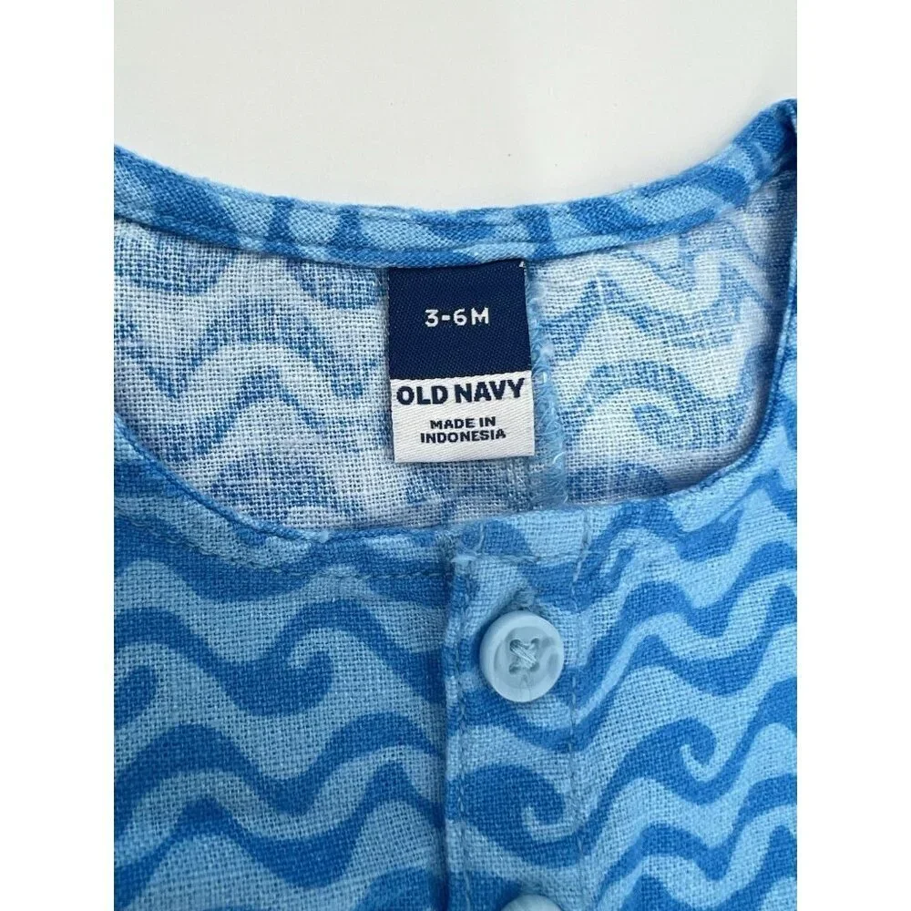Old Navy Baby Romper Blue Wave Sleeveless Linen Henley One Piece 3-6 months